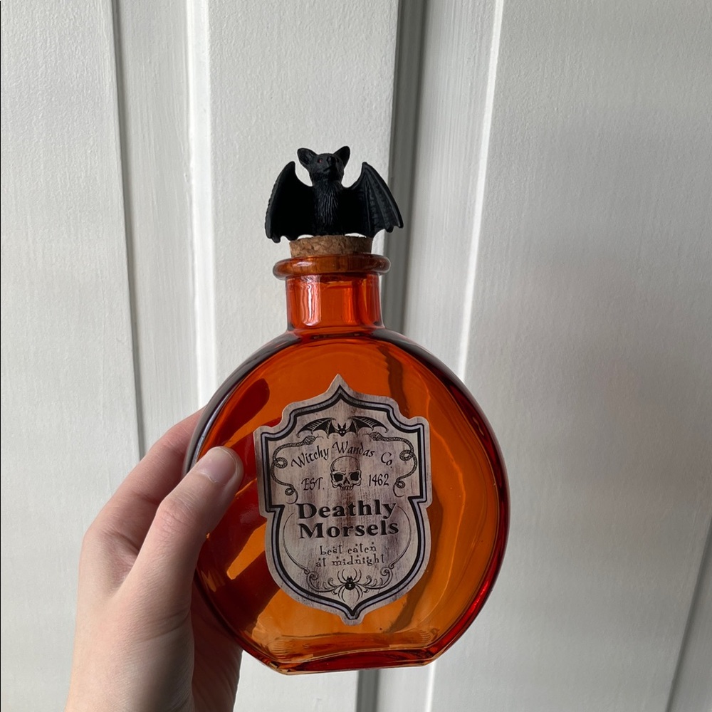 Orange Glass Potion Bottle “Deathly Morsels” Decor with Bat Stopper Halloween - Picture 2 of 5